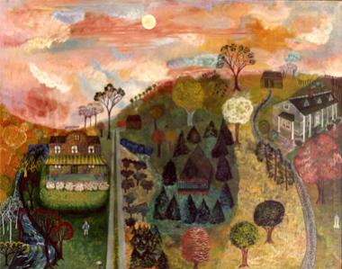 Sally Cook is a painter and poet and both seem melded into this 1969 painting, "Waiting for the Woodcock." This pastoral scene evokes memory and the passing of time, but it is also a tribute to the artist’s mother. Two houses are focal points for the child in the lower left who represents the artist. She stands below the house built by her great grandfather, his brother, and her father in 1907. In the upper right Sally Cook painted her grandfather’s summer house purchased in 1911 and later owned by her pare