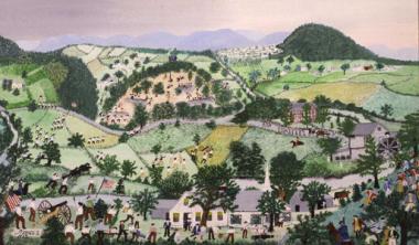 In 1953, Anna Mary Robertson Moses, known as Grandma Moses, presented this painting to the National Society Daughters of the American Revolution after joining the DAR the previous year. She was ninety-three when she painted the "Battle of Bennington" as she imagined the battle scene. In 1954, she wrote to the New York State Conference, DAR, "Add to that, the fact that Archibald Robertson, my great grandfather, on whose line I joined, was a soldier at the Battle of Bennington..." Grandma Moses was an extraor