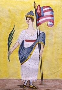 An unknown schoolgirl probably painted this somewhat defiant allegorical "America," between 1801 and 1840. The painting is based on an English print, "America," published in London in 1801, as is a silk-embroidered version also in the DAR Museum collection.