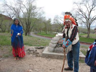 In attendance at the ceremony were Chief Washakie’s great-great-grandson, Morningstar Moses Weed, Sr., an honorably discharged WWII veteran and POW, and great-great-great-granddaughter Diana T. Mitchell, who gave prayers and a blessing on the newly cleaned and protected DAR monument.