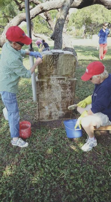 Corpus Christi Chapter NSDAR spent our day of service cleaning tombstones in Old Bayview Cemetery, the oldest Federal Military cemetery this side of the Mississippi. 16 women with buckets, brushes, gloves and elbow grease.