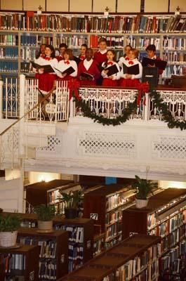 Performers from Adventure Theatre, a youth performance group, provided music in the Library balcony.
