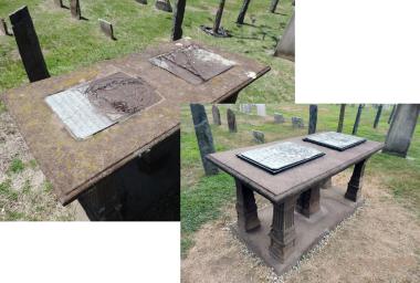 Grant Recipient: Historic Preservation, Shelter Island Chapter, NSDAR,  Shelter Island, NY  The Brinley and Mary Burroughs Sylvester 18th century brownstone tabletop monument was restored by monuments conservator Jonathan Appel.  It has two large inlaid slate inserts which contain detailed carving and inscriptions.  This monument is particularly unusual since it contains two inserts.