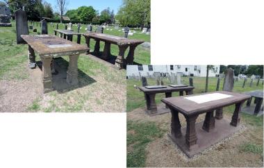 Grant Recipient: Historic Preservation, Shelter Island Chapter, NSDAR,  Shelter Island, NY  Restoring slate inserts in tabletop monuments located at Shelter Island’s Presbyterian Church Old Burial Ground required the assistance of a professional monuments conservator and sophisticated equipment.  The tabletop was lifted away from the legs using a cradle and overhead tripod.  The legs were then removed from the base, and following cleaning and restoration, the monument was reassembled with the base set in wa