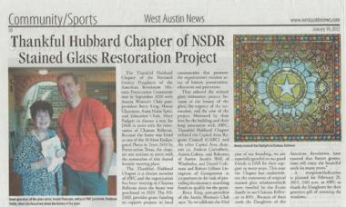 This article discussing the restoration of the stained glass windows and the relationship between the Thankful Hubbard Chapter of DAR and the Austin Women's Club was featured in a local Austin newspaper.