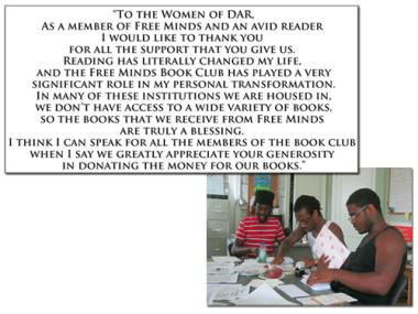 A DAR education grant supported the Free Minds Book Club & Writing Workshop for their new initiative, "Books Across the Miles." The grant purchased 100 copies of four books for a seriously underserved segment of "at risk" youth in Washington DC – juveniles charged and incarnated as adults in the DC Jail. The mission of Free Minds Book Club is to introduce these young people to the life-changing power of books and creative writing. This educational grant is very unique and the letters in the final report whi