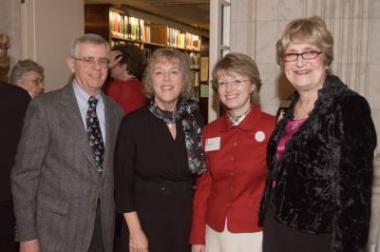 Organizing Secretary General Carole Farmer (far right) and Librarian General Polly Bartow (second from right) pose with former Treasurer General Bea Dalton (second from left) and her husband.