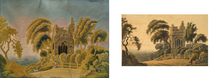 Needlework picture, about 1810 / View Near Exeter 