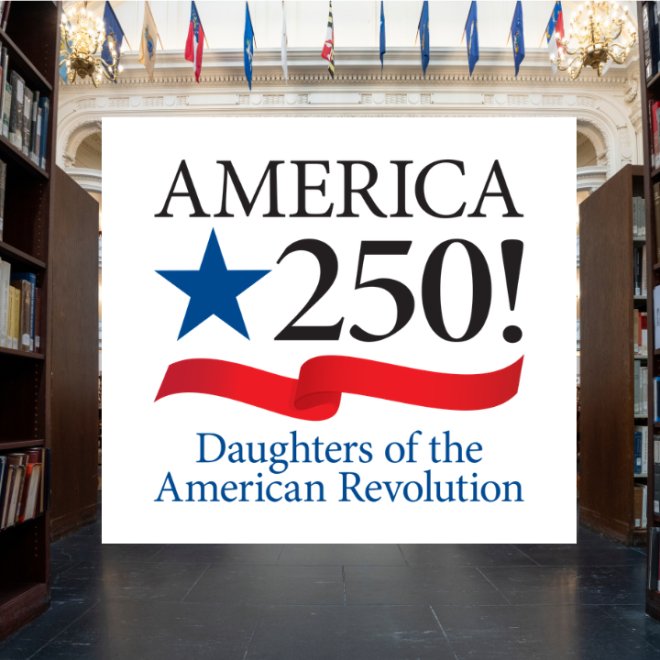 DAR America 250! Logo in the midst of the DAR Library 