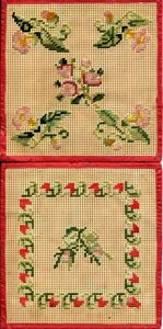 Needlework cards, mid-to-late 19th century / Wool on perforated paper / Roses and Hollyhocks. (DAR Museum)