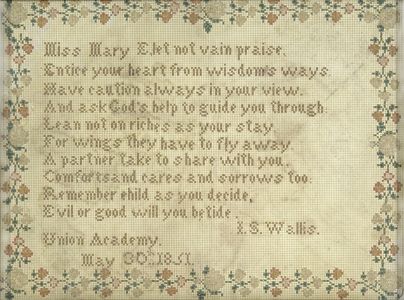 Sampler, 1851 / Isabella S. Wallis / Union Academy / Williamson County, Tennessee / Silk on perforated paper.