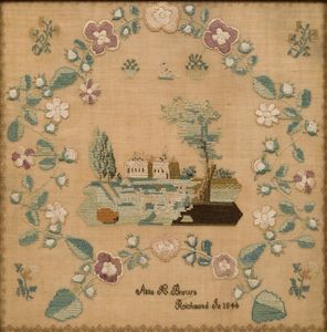 Needlework picture, 1844 / Anna H. Brown / Richmond, Indiana / Silk on linen.