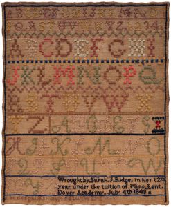 Sampler, 1848 / Sarah J. Ridge / Dover Academy / Dover, Missouri / Wool on linen.