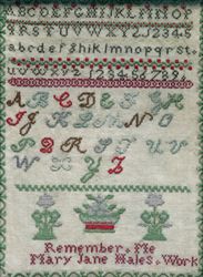 Sampler, ca 1868 / Mary Jane Hales / Soulsbyville / Tuolumne County, California / Wool and silk on linen.