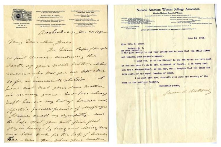 These two letters to friend and colleague Ella Jones illustrate Anthony's determination and somewhat one-track mind on matters concerning women's rights.