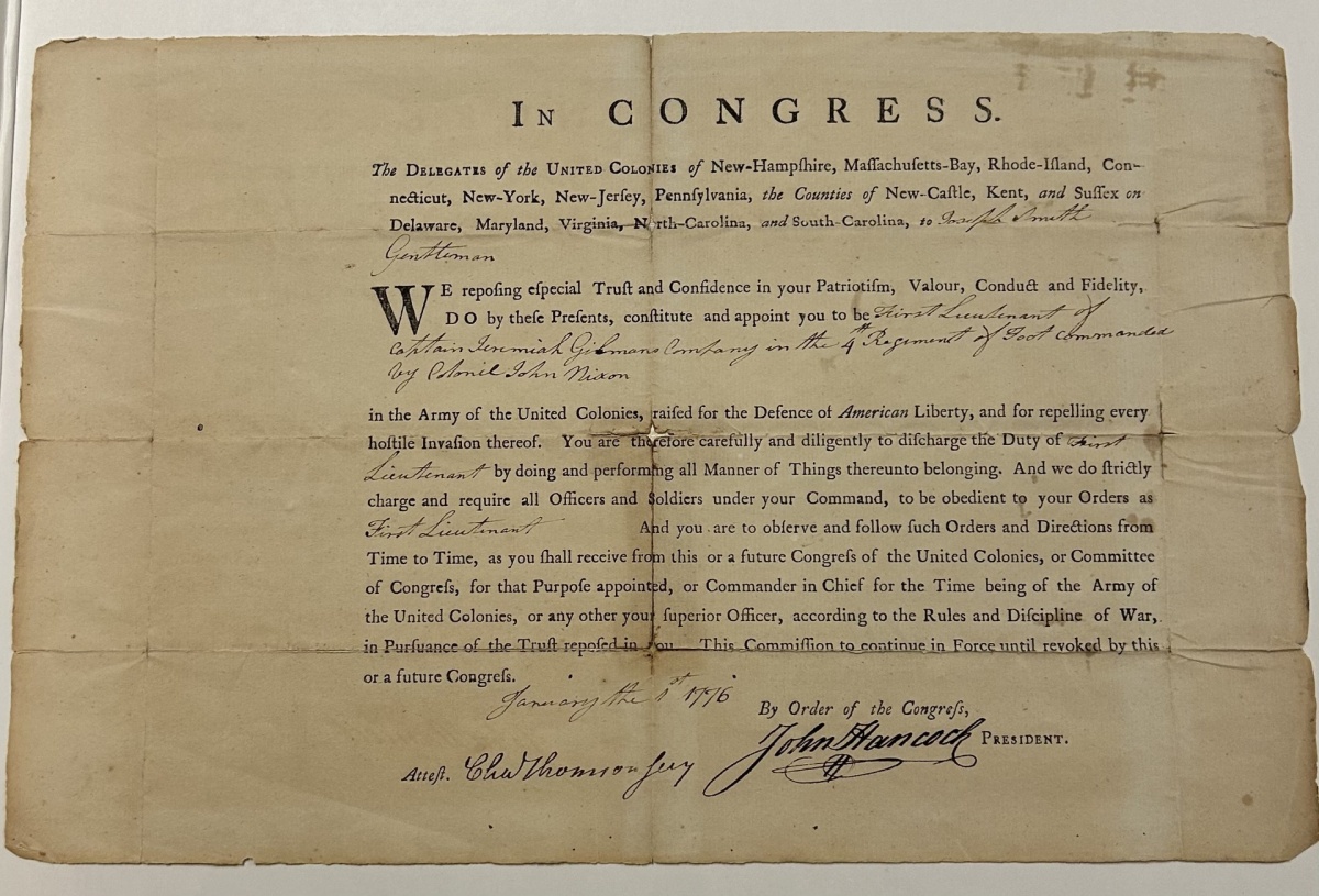 Commission issued to Joseph Smith signed by John Hancock, 1776 
