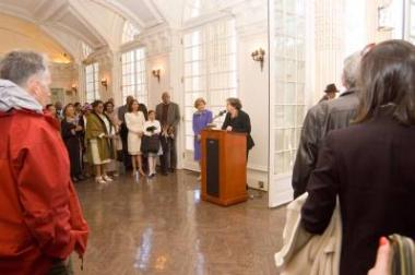 Dr. Eileen Mackevich, Executive Director of the Lincoln Bicentennial Commission, the organization that arranged the Tribute Concert and Naturalization Ceremony, welcomed guests to the reception and spoke about the Commission's other upcoming projects honoring the bicentennial of Lincoln's birth.