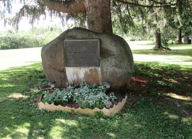 In 1909, members of the Catherine Schuyler chapter placed this plaque on a boulder marking the site of the Caneadea Council House (Iroquois nation), and in particular, the place where Revolutionary War patriot Major Moses VanCampen ran the "gauntlet".