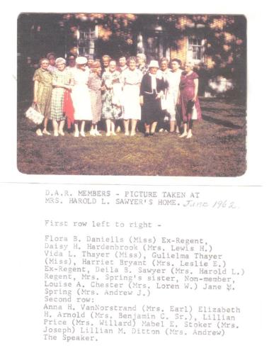 Owasco Chapter of Auburn NY celebrating Flag Day 1962. Flora Daniells (front far left) and her intrepid partner Mabel Crosby (not pictured) compiled a 10 volume listing of Cayuga County cemeteries in the 1960's; their records are of tremendous help to all of us! My grandmother and the reason I joined DAR is Mabel Edick Stoker, peeking out from the second row.