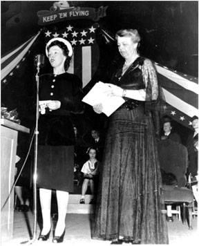 Marie Francis Woolcott joined the NSDAR in 1933, and served as a page at Continental Congress in Washington D C on two separate occasions, once as the State Regent’s personal page. She was honored for 65 years of service to the organization 1998 and died in 2001 as an original member of the Jonas Babcock Chapter. Marie Francis was the War Finance Director for the State of Washington for WWII and raised thousands and thousands of dollars for the cause. She is shown here at a war bond rally in Seattle with El