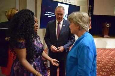 Marian Anderson Historical Society chief operating officer Jillian Pirtle talking with DAR President General Ann Dillon and Secretary Ryan Zinke