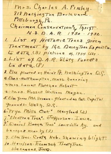 ny photos and information regarding the DAR’s 1930s-1940s Penny Pines project that created many DAR Forests are contained in the NSDAR Archives collection including this list of historic trees preserved by the DAR circa 1930.