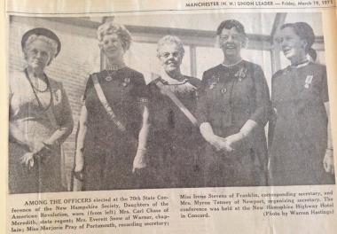 New Hampshire Union Leader, March 19, 1971.  Meredith Woman Elected Regent  "Mrs. Carl A. Chase of Meredith was elected state regent at the final session of the two-day 70th State Conference of the New Hampshire Daughters of the American Revolution, at the N.H. Highway Hotel yesterday afternoon. She succeeds Mrs. Harry Parr of Hampton.  Other officers elected include Mrs. Ray B. Currier of Rochester, vice regent; Mrs. Everett Snow of Warner, chaplain; Miss Marjorie Pray of Portsmouth, recording secretary; M