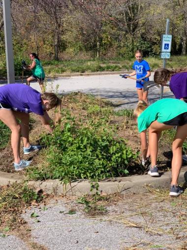 The Ninian Edwards Chapter trimmed and dug up weeds at the Lewis & Clark Historic Site.