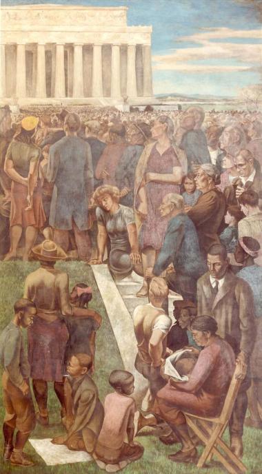 "An Incident in Contemporary American Life" by Mitchell Jamieson, 1942. Located in the basement of the Department of the Interior in Washington, DC. Marian Anderson is represented here singing at the steps of the Lincoln Memorial on Easter Sunday, April 9, 1939 before an estimated crowd of 75,000 people. The title understates what the mural makes plain: the event was an important milestone in America’s struggle toward racial equality.