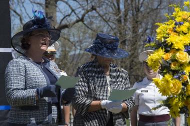 Jennifer Minus, New York State Officers Club President, says remarks at the rededication of the monument.