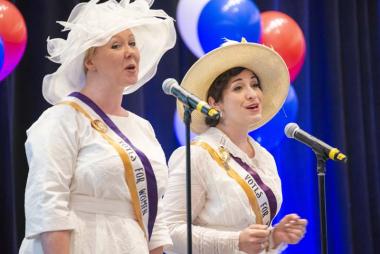 The Revolutionary Warblers, the singing duo of New York DAR members Gyda Sabaugh and Elysia Segal, provided the entertainment for the evening with historical songs from the Suffrage Movement.