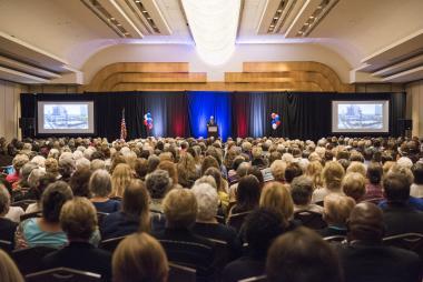 DAR members fill the Grand Hyatt ballroom for Service to America Night to hear a presentation by Museum of the American Revolution President and CEO, Michael Quinn.