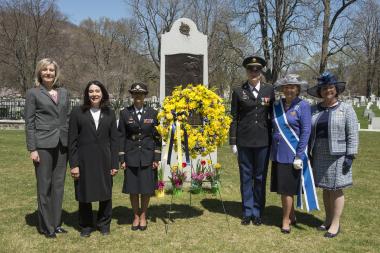 Featured participants at the Margaret Corbin Rededication Ceremony: (l to r) COL (Ret) Diane Ryan, Karen Durham-Aguilera, LTC Lolita Burrell, Honor Guard Specialist Conroy, Ann Turner Dillon, Jennifer Minus.