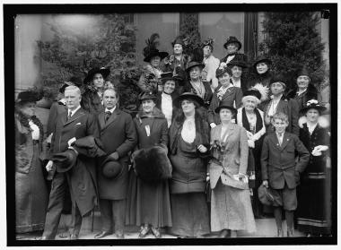 Photo taken at DAR in 1916; to the right of the photo, near the front, the lady with the white fur trimmed coat and the white plume in her hat, is Mary S. Lockwood, one of our Four Founders. It was at her home, on October 11, 1890, that the organizational meeting of NSDAR was held. Photo from the Library of Congress. 