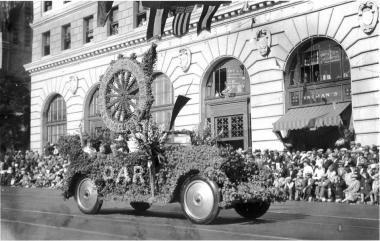 1930 Rose Parade entry in Pasadena, California for the DAR, won second place trophy for Best Decorated Automobile from the Pasadena Tournament of Roses Association.