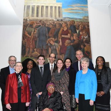DAR President General Ann Dillon gathers at the mural with Secretary Ryan Zinke, Deputy Assistant Secretary Aurelia Skipwith; Desmond Herzfelder; Marian Anderson Historical Society founder Blanche Burton Lyles, director Jillian Pirtle, and board members; and family members of mural artist Mitchell Jamieson.