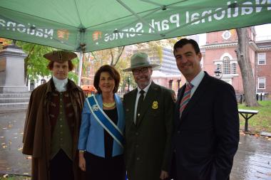 On November 7, 2017, the Daughters of the American Revolution joined with the National Park Service at Independence National Historical Park for a tree planting ceremony to celebrate DAR’s gift of 76 trees in celebration of the United States Semiquincentennial. Ceremony speakers included a Thomas Jefferson reenactor, DAR First Vice President General Denise Doring VanBuren, Independence National Historical Park Acting Superintendent Patrick Suddath and USA250 Board Chair Andrew Hohns.