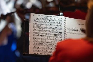 A zoomed in photo of the Marine Orchestra's music sheet for The Stars and Stripes Forever.