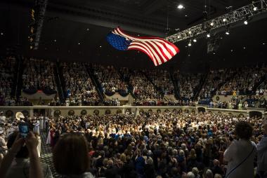 The American flag billows from the ceiling of Constitution Hall for the 125th Continental Congress on June 15, 2016. Watch a video of this iconic DAR moment through the years: https://youtu.be/b0LWLF6glzM