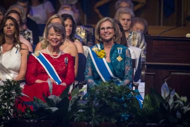 President General Lynn Young (right) and First Vice President General Ann Dillon enjoy one of the Congress anniversary videos. Watch all the videos here: http://www.dar.org/national-society/125th-continental-congress-videos
