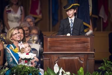 President General Lynn Young's three grandchildren who are all members of the Children of the American Revolution, brought greetings during Opening Night as member representatives of C.A.R.