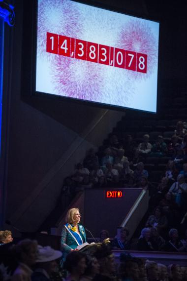 DAR President General Lynn Young shares the final total of recorded DAR Celebrate America! volunteer service work over the past three years: 14,383,078 hours!