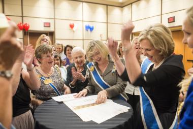 Registrar General Sharon Withers and New Jersey Daughters surprise President General Lynn Young with a newly found patriot ancestor from New Jersey.