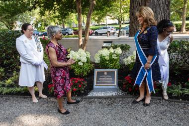 President General and Serena Ferguson stand by Lena Ferguson Memorial