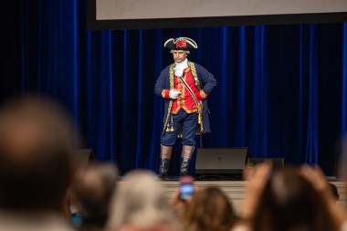 A historic reenactor performs as Bernardo de Galvez, famed Spanish Patriot