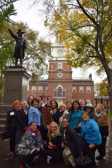 DAR members who attended the ceremonial tree planting gather with Thomas Jefferson at Independence Hall.