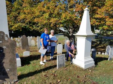 The Katherine Gaylord Chapter, CT, worked in the Lewis St and Downs St cemeteries to be sure all the graves of the Revolutionary War Patriots had a flag holder and flag in good condition. They also updated records and noted stones that needed attention.