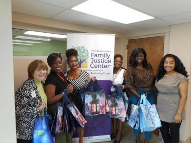 The Harmony Hall Chapter, MD, donated toiletry kits in reusable shopping bags to the Family Justice Center. The center provides services to survivors of domestic violence, sexual assault, human trafficking and elder abuse.