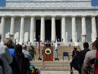 April 9, 2014 - DAR spent the morning of the 75th anniversary of the Marian Anderson concert attending a commemorative program at the Lincoln Memorial presented by the National Parks Service (NPS). Secretary of the Interior, Sally Jewell spoke at the commemorative program and talked about how children can learn so much history from our National Parks.