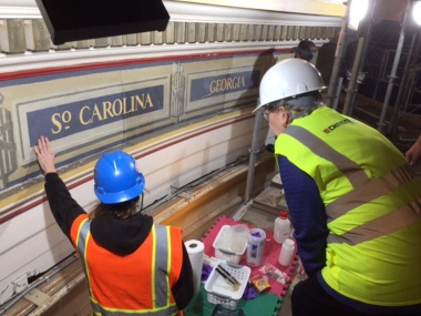 The original 13 state name murals, which are a band just below the upper cornice, were also in need of cleaning and adhesive repairs.  These murals are also painted on canvas adhered directly to the plaster with adhesive and small tacks and some of them were pulling away in places.